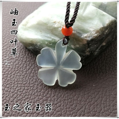Natural Ice Jade Four Leaf Clover Pendant Lucky Stone Necklace Gift