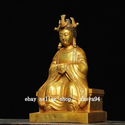 9.4'' Chinese Taoism Copper Gilt Queen Mother of The West Goddess Phoenix Statue
