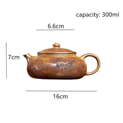 Yixing Handmade Teapot Hand-carved Landscape Pattern Kettle Chinese Zisha TeaSet