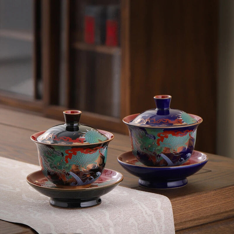 Ceramic Sancai Gaiwan Single Tea Bowl Blue Glaze Large Size with Lid Household