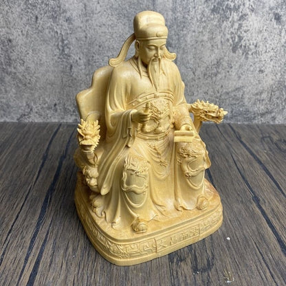 Chinese Boxwood Carved Wenchang Wang God Statue Scholar Deity Altar Figurine