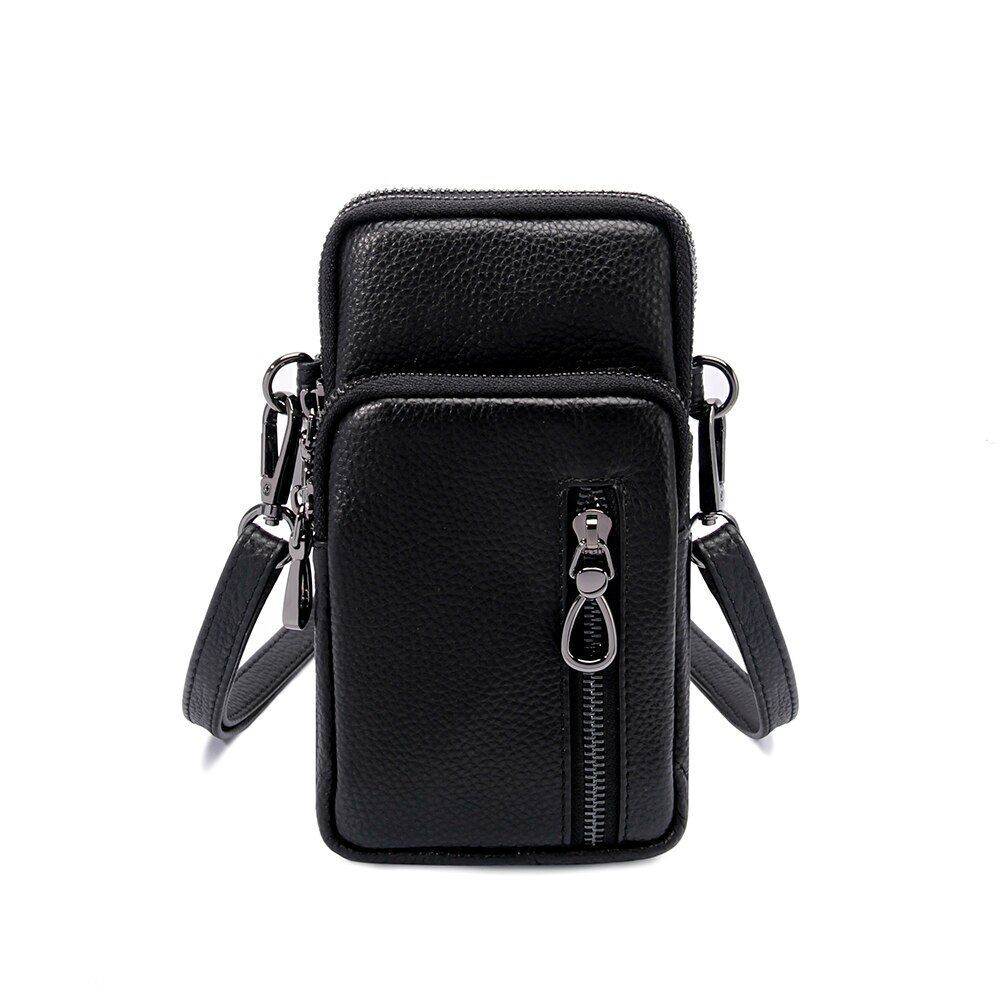 Leather Mobile Phone Bag Multi Zippers Adjustable Strap Shoulder Crossbody Bag