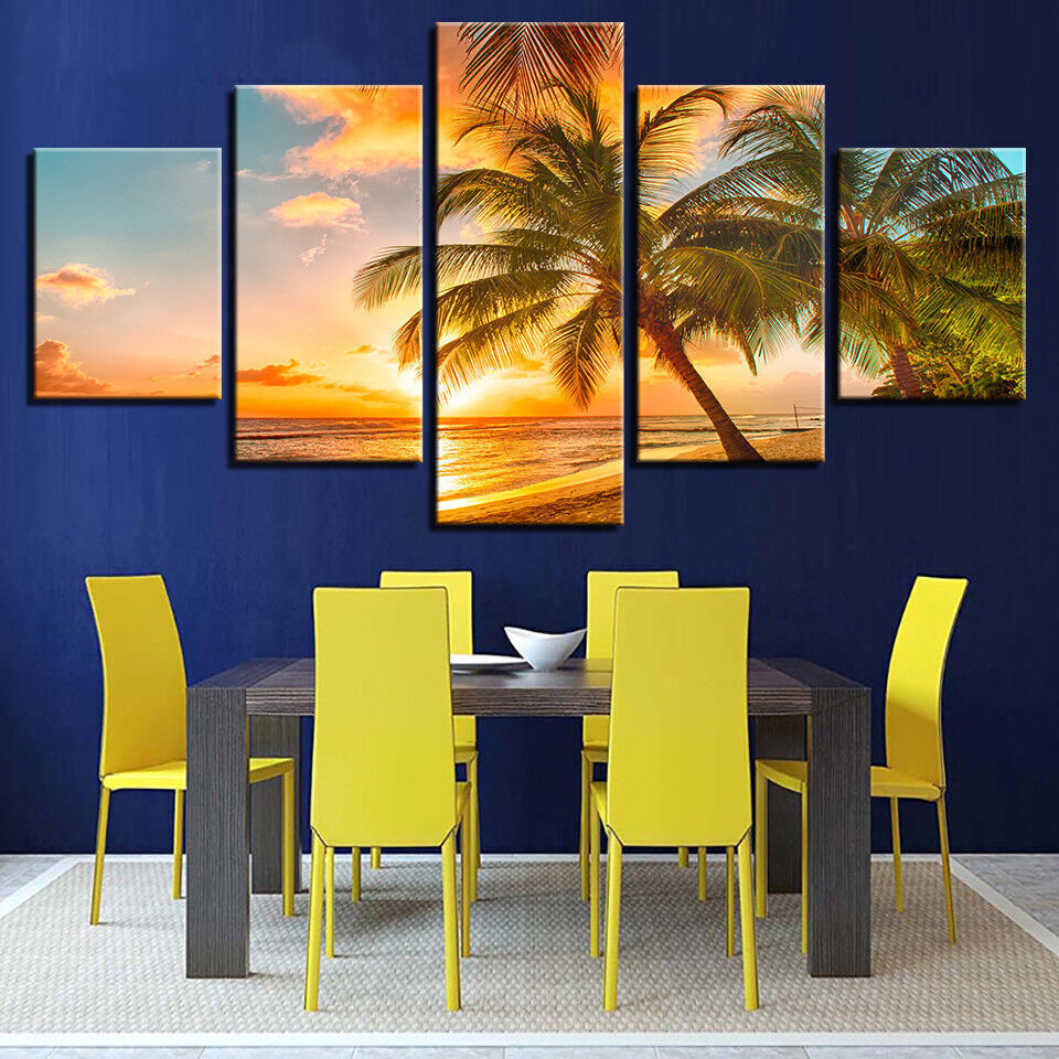 Tropical Beach Sunset Poster Painting 5 Panel Canvas Print Wall Art Home Decor