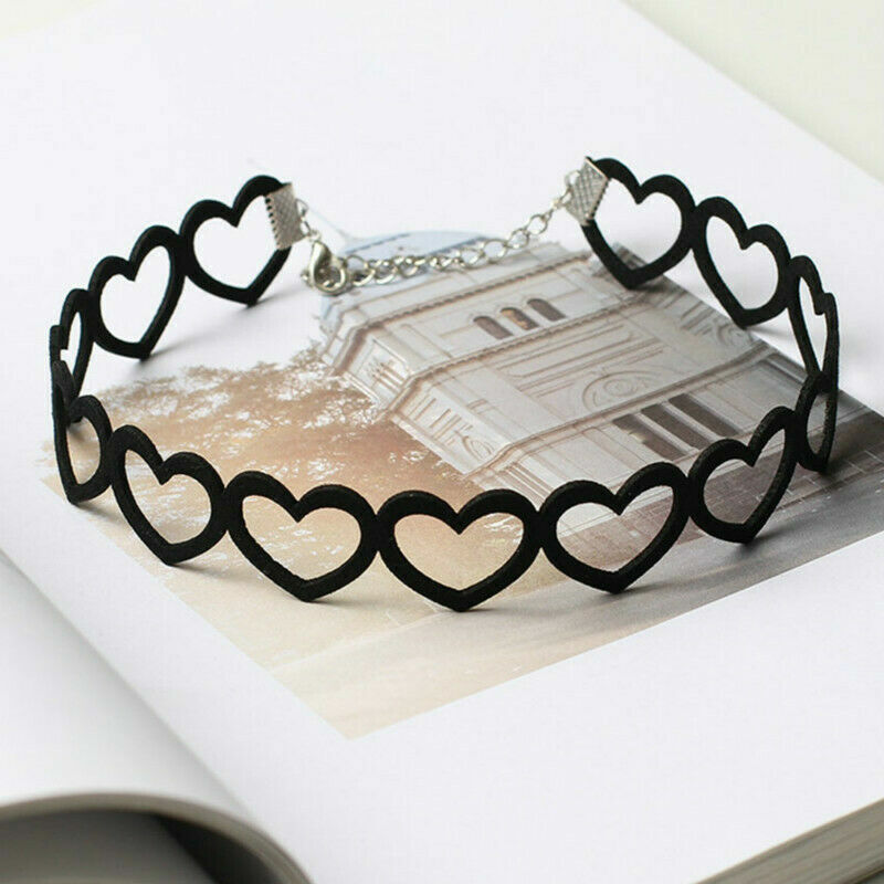 Black Velvet Heart Choker Collar Punk Goth Adjustable Chain Necklace Love Hollow