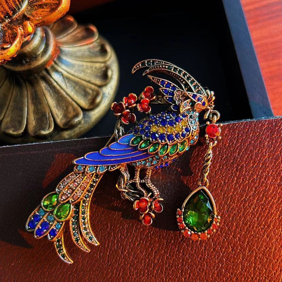 Vintage Double Leopard Brooch Set 2Pcs Crystal Tassel Suit Lapel Pin