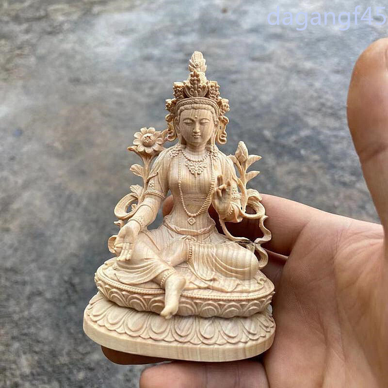 10.8*7.3*5.3cm Handmade Buddhist Boxwod Tara Buddha Carving Collect Wealth