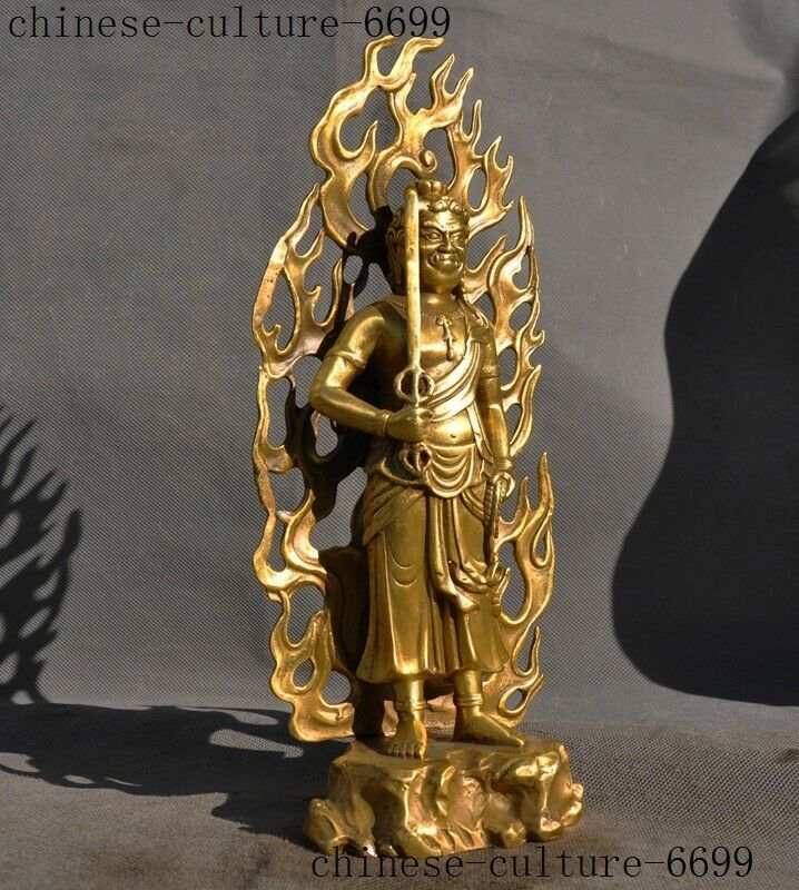 Old Tibetan Buddhism Brass Warrior Hold Katana Fudo Acalanatha Buddha Statue