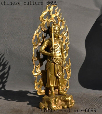 Old Tibetan Buddhism Brass Warrior Hold Katana Fudo Acalanatha Buddha Statue