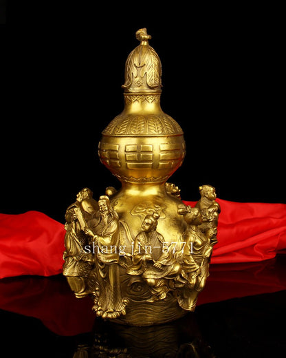 11.4 in 1pc Chinese Brass Gourd Ornament Eight Immortals Gourd with Open Lid