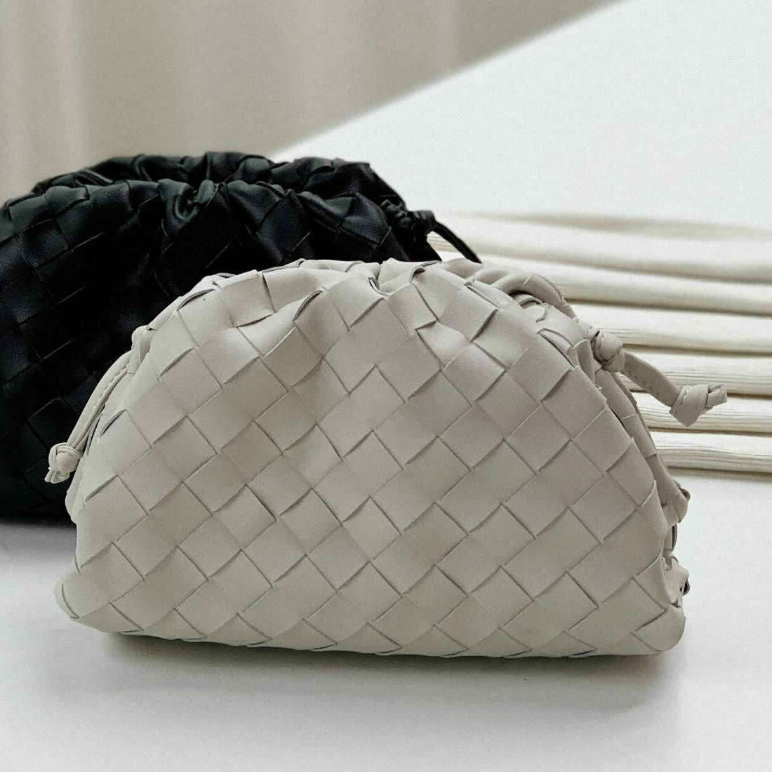 Woven Ruched Microfiber Leather Mini Pouch Clutch Bag Crossbody Shoulder Purse
