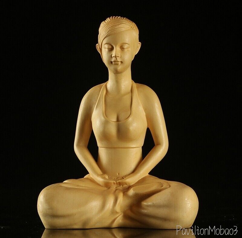 Natural Boxwood Carved Meditation Sitting Girl Statue Figurine Beauty Art Decor