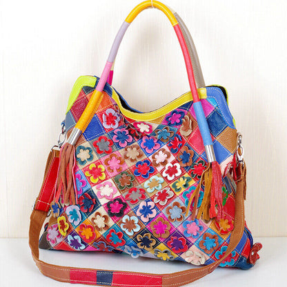 100% Genuine Leather Colorful Floral Patchwork Handbag Women's Tote Shoulder Bag
