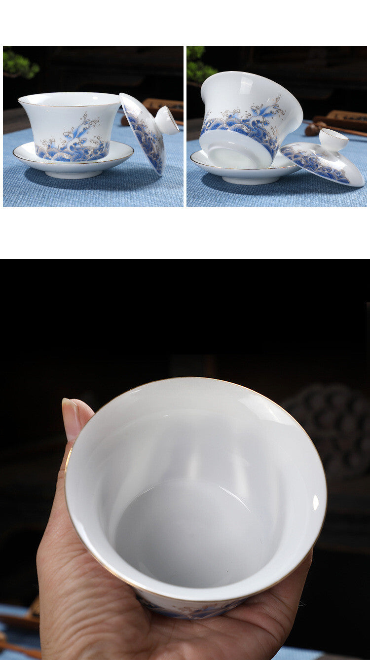 Brewing Tea Cups Sea Wave Gaiwan Chinese Style Ceramic Tureen 170ml Tea Bowl