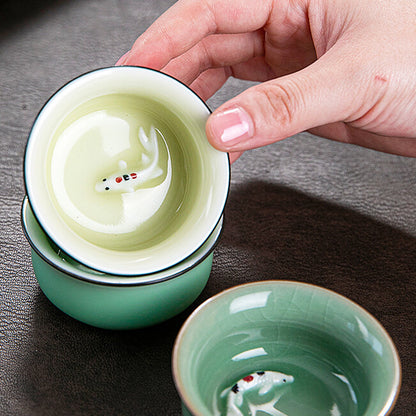 Single Teacup Fish Relief China Longquan Celadon Porcelain Cup Of Tea Master Cup