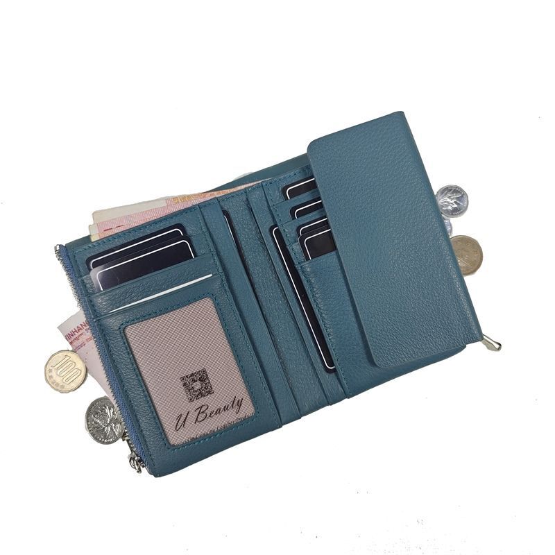 Soft Genuine Cow Leather Short Zipper Wallet Tri Fold Coin Card Holder Money Bag