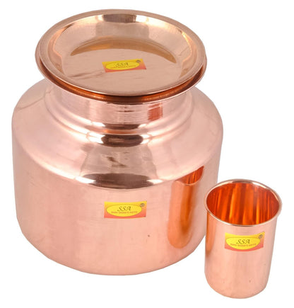 Pure Copper Water Pot Pitchers Matka Container With Lid and Glass 5.5 Litre
