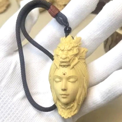 Boxwood Carved Chinese Dragon Girl Bead Chain Pendant Decor
