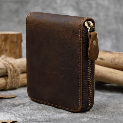 Real Leather Coin Wallet Zip Men Women Short Wallet Purse Zipper Brown Small