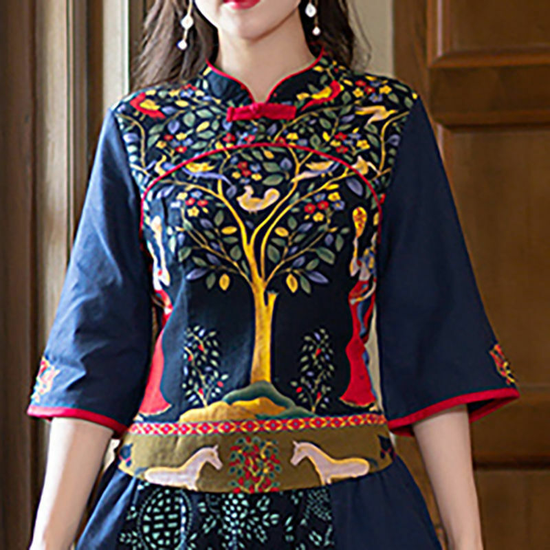 Chinese Women Top Short Skirt Two Piece Set China Ethnic Cotton Linen Tang Suit