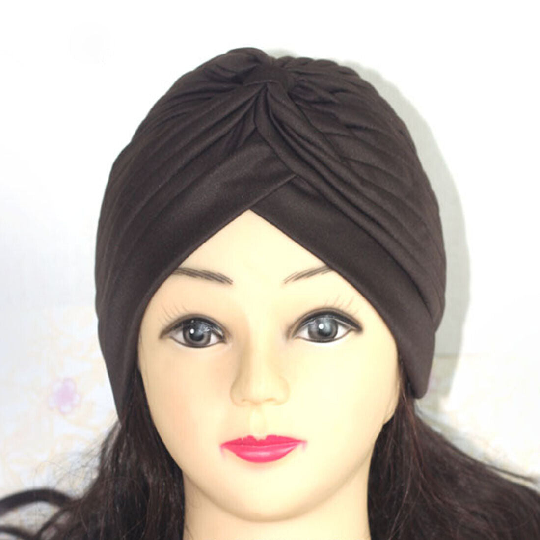 Women Stretchy Turban Hat Muslim Hat Solid Color Wrap Hijab Knotted Indian Caps