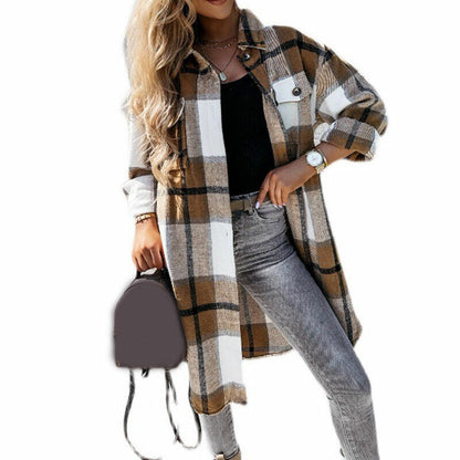 Women's Check Plaid Jacket Shacket Top Oversize Button Baggy Long Shirt Coat