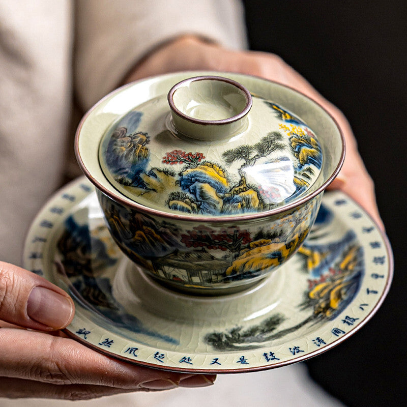 150ml handmade gaiwan crackle glaze porcelain tureen handpainted bowl saucer lid