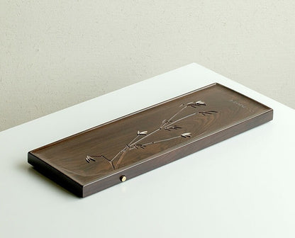 Ebony Wood Tea Tray Rectangle Water Reservoir Solid Wood Serving Tray Silver New