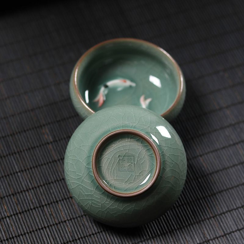 1 pcs Celadon Crackle Glaze Tea Cup | Hand-Painted Koi Fish Ceramic Teacup 60ml