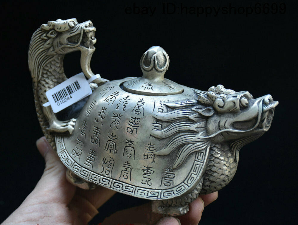 Old China Silver Dragon Tortoise Turtle Wine Tea Pot Flagon Teapot Stoup Statue
