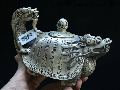 Old China Silver Dragon Tortoise Turtle Wine Tea Pot Flagon Teapot Stoup Statue