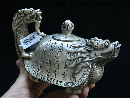 Old China Silver Dragon Tortoise Turtle Wine Tea Pot Flagon Teapot Stoup Statue