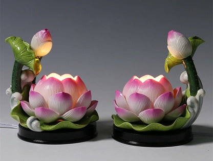 1 Pairs LED Buddhism Porcelain Lamp Buddha Table Desk Altar Lotus Statue Light