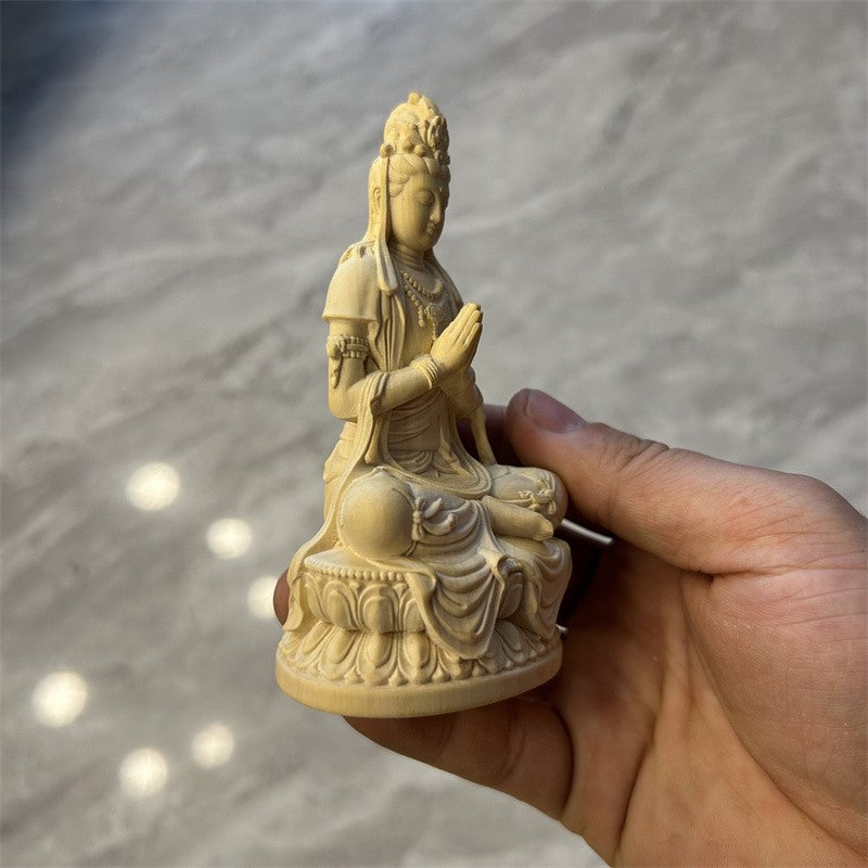 11cm Retro Boxwood Handcarved Avalokitesvara Bodhisattva Buddha Statue Ornament