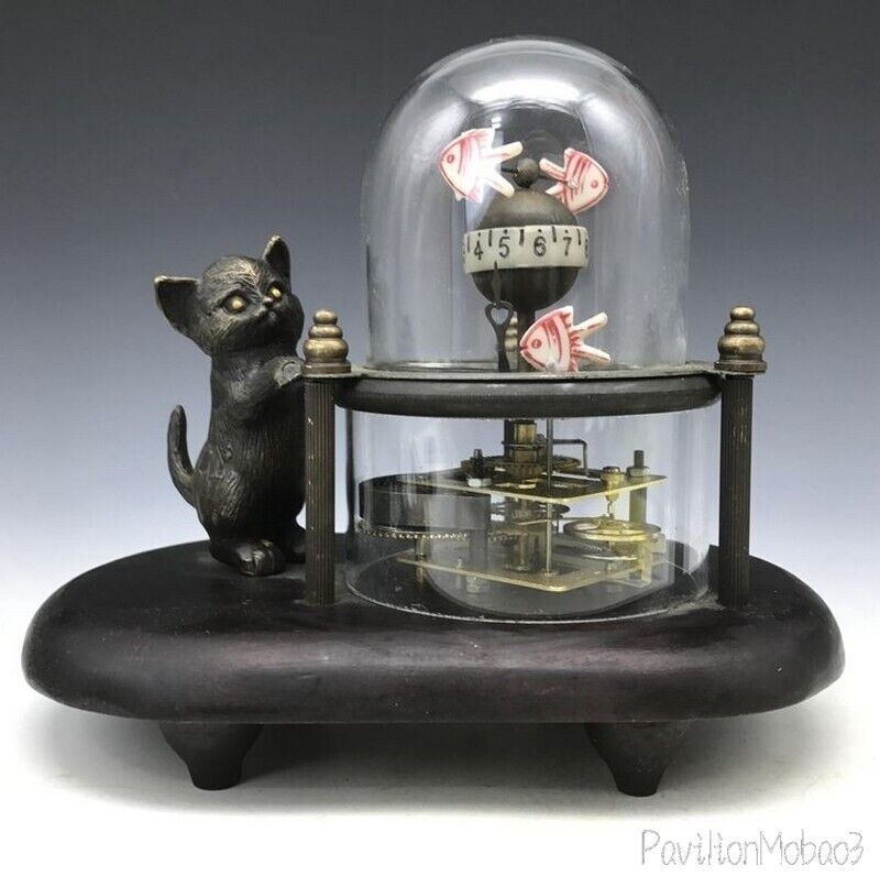 Brass Cat Catching Fish Clock Table Clock Retro Craft Lucky Feng Shui Ornaments