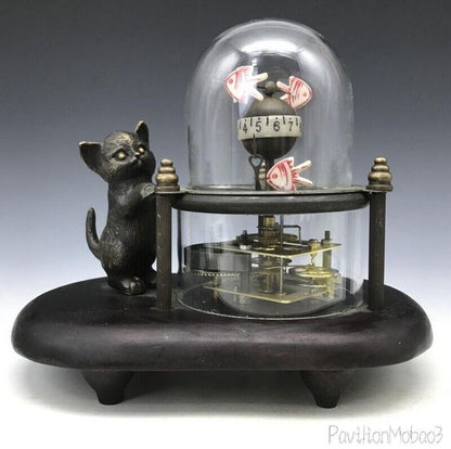 Brass Cat Catching Fish Clock Table Clock Retro Craft Lucky Feng Shui Ornaments