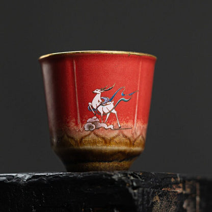 Set of 4 Cups Cute Deer Ceramic Tea Cup Small Gongfu Cup of Tea 50ml