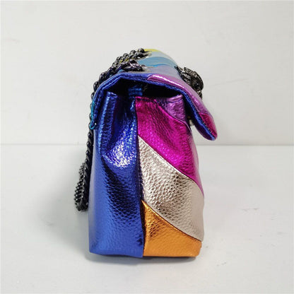 Stitching Rainbow Patchwork Handbag Synthetic Leather Metallic Square 19*7*13 CM