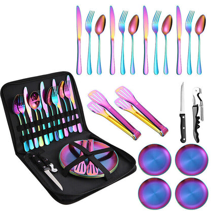 Camping Tableware Set Stainless Steel 10/19Pcs Picnic Cutlery Set W/ Storage Bag