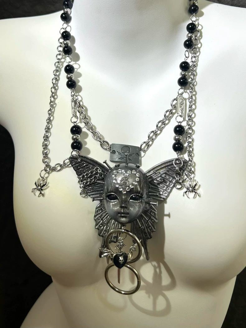 Handmade Silver Gothic Butterfly Doll Head Heavy Metal Choker Necklace