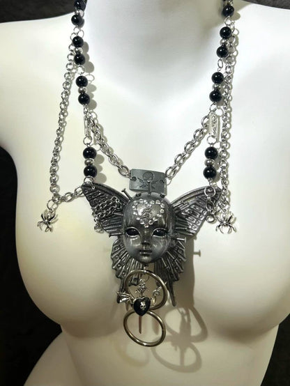 Handmade Silver Gothic Butterfly Doll Head Heavy Metal Choker Necklace
