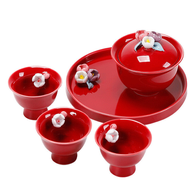 Hand-kneaded Flower Sancai Bowl Teacup Wine Ladies Gaiwan Wedding Tea Set Plate