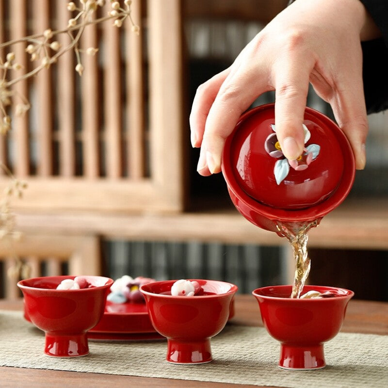 Hand-kneaded Flower Sancai Bowl Teacup Wine Ladies Gaiwan Wedding Tea Set Plate