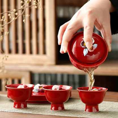 Hand-kneaded Flower Sancai Bowl Teacup Wine Ladies Gaiwan Wedding Tea Set Plate