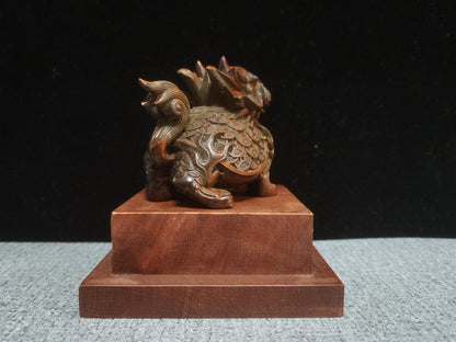 Rare art Boxwood fortune DRAGON tortoise turtle Statue tea pet netsuke chinese