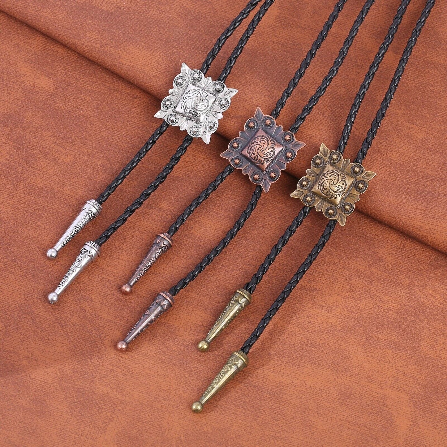 Men Bolo Bow Ties Square Retro Shirt Chain Pattern Poirot Leather Rope Necklaces