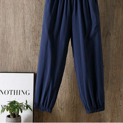 Pants Women Casual Cotton Linen Elastic Waist Solid Basic Retro Loose Trousers