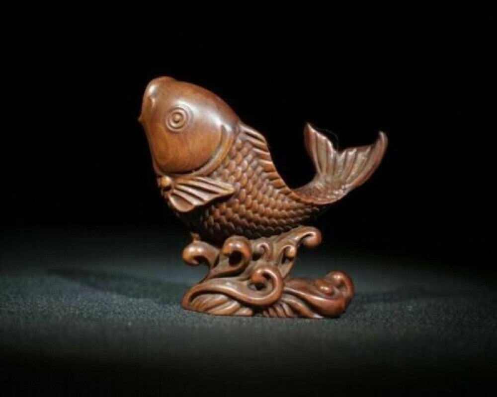 Boxwood Hand Carved Fish Figure Statue Collectable Figurines