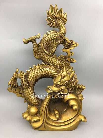 14.6" Chinese Ming dynasty brass large Standing dragon pattern statue