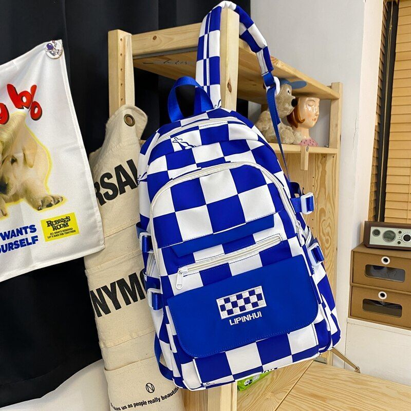 Backpack Waterproof Multi-Pocket Nylon Bookbag Plaid Schoolbag Laptop Travel Bag