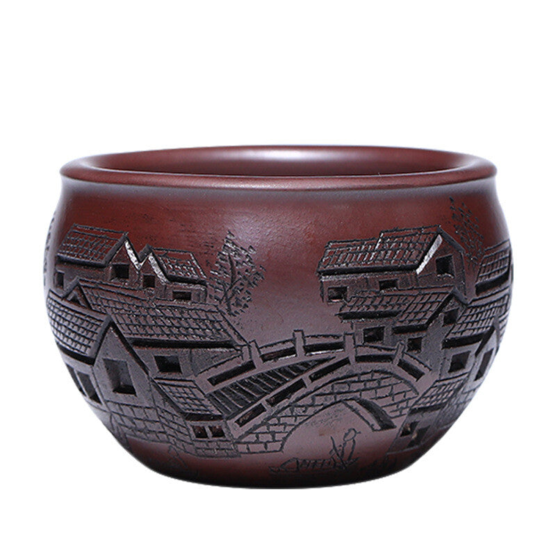 Full Handmade Tea Cup House Bridge Carved Real Yixing Zisha Qingshui Clay Cup